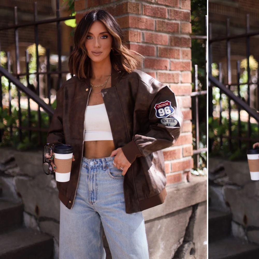 Brown Leather Bomber Jacket